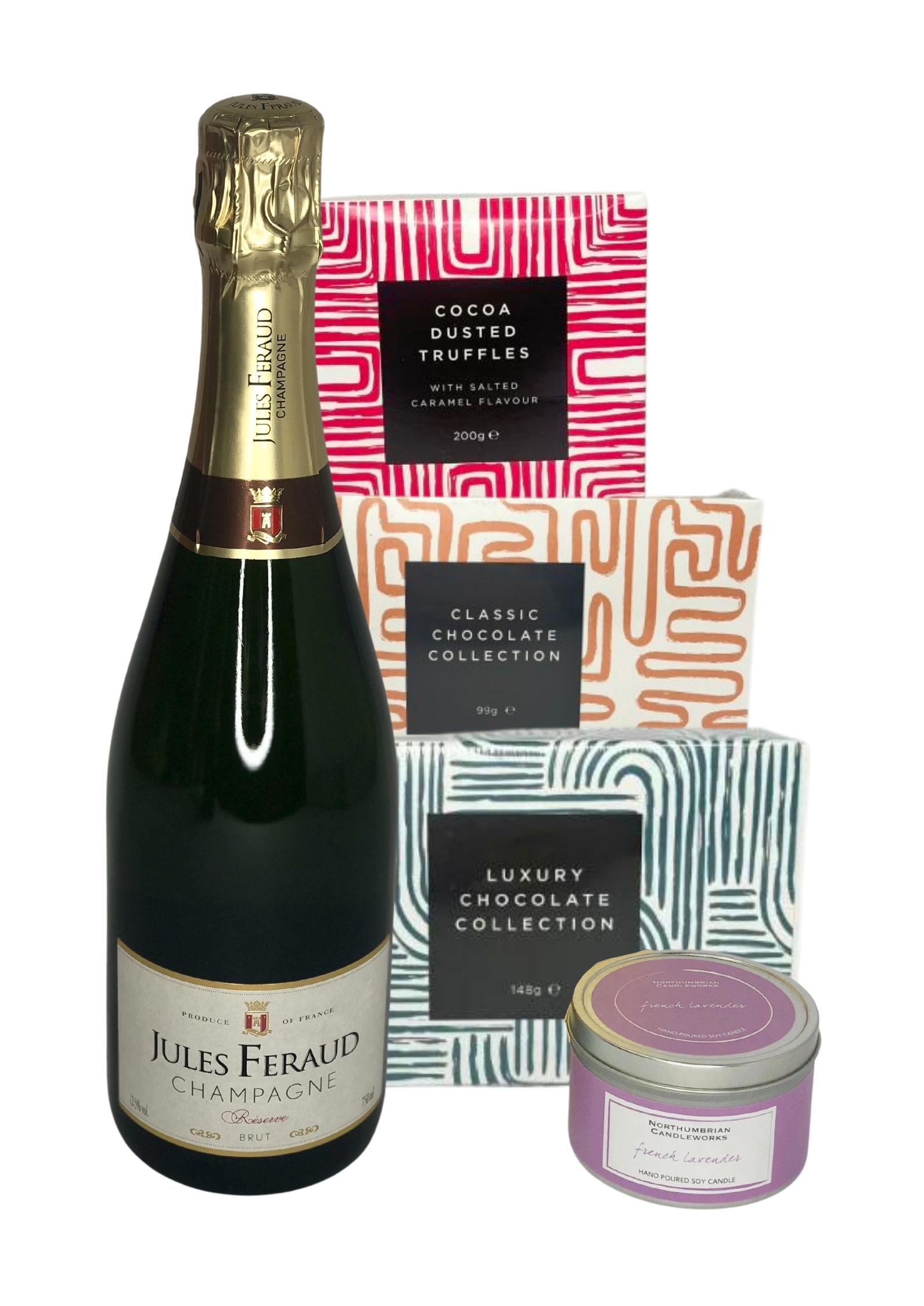 <p>Order this Special Gift Set to celebrate any occasion and you will not be disappointed.  Containing, a bottle of Jules Feraud Champagne, three boxes of Maison Fougere Belgian Chocolates together with an eco-friendly Soy Scented Candle beautifully presented in a stylish Gift Box.</p>
<br>
<h2>Gift Delivery Coverage</h2>
<p>Our shop delivers flowers and gifts to the following Liverpool postcodes L1 L2 L3 L4 L5 L6 L7 L8 L11 L12 L13 L14 L15 L16 L17 L18 L19 L24 L25 L26 L27 L36 L70 ONLY.  If your order is for an area outside unfortunately we cannot process your order because of the difference in stock at other florists.</p>
<br>
<h2>Alcohol Gifts</h2>
<p>As a licensed florist, we are able to supply alcoholic drinks either as a gift on their own or with flowers. We have carefully selected a range that we know you will love either as a gift in itself or to provide that extra bit of celebratory luxury to a floral gift.</p>
<p>This gift set contains a bottle of Jules Feraud Champagne, together with a box of 170g Maison Fougere Salted Caramels, a box of 140g Maison Fougere  Chocolate Truffles, a box of 115g Maison Fougere Belgian Chocolates together with a locally made eco-friendly Northumbrian Scented Soy Candle in a stylish tin.</p>
<p>Have this giftset delivered to someone special to celebrate as an alternative to having flowers delivered, or have it delivered with your flowers to really celebrate!</p>
<br>
<h2>Online Gift Ordering | Online Gift Delivery</h2>
<p>Through this website you can order 24 hours, Booker Gifts and Gifts Liverpool have put together this carefully selected range of Flowers, Gifts and Finishing Touches to make Gift ordering as easy as possible. This means even if you do not live in Liverpool we make it easy for you to see what you are getting when buying for delivery in Liverpool.</p>
<br>
<h2>Liverpool Flower and Gift Delivery</h2>
<p>We are open 7 days a week and offer advanced booking flower delivery, same-day flower delivery, Guaranteed AM Flower Delivery and also offer Sunday Flower Delivery.</p>
<p>Our florists Deliver in Liverpool and can provide flowers for you in Liverpool, Merseyside. And through our network of florists can organise flower deliveries for you nationwide.</p>
<br>
<h2>Beautiful Gifts Delivered | Best Florist in Liverpool</h2>
<p>Having been nominated the Best Florist in Liverpool by the independent Three Best Rated for the 5th year running you can feel secure with us</p>
<p>You can trust Booker Gifts and Gifts to deliver the very best for you.</p>
<br>
<h2>5 Star Google Review</h2>
<p><em>So Pleased with the product and service received. I am working away currently, so ordered online, and after my own misunderstanding with online payment, I contacted the florist directly to query. Gemma was very prompt and helpful, and my flowers were arranged easily. They arrived this morning and were as impactful as the pictures on the website, and the quality of the flowers and the arrangement were excellent. Great Work! David Welsh</em></p>
<br>